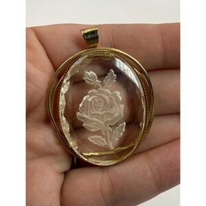 Vintage Reverse Carved Rose Crystal Pendant Gold Tone Floral Pendant